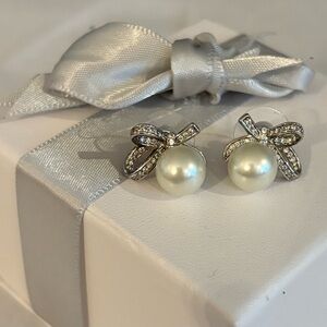 Kate Spade Silver Pearl Bow Earrings and Necklace set